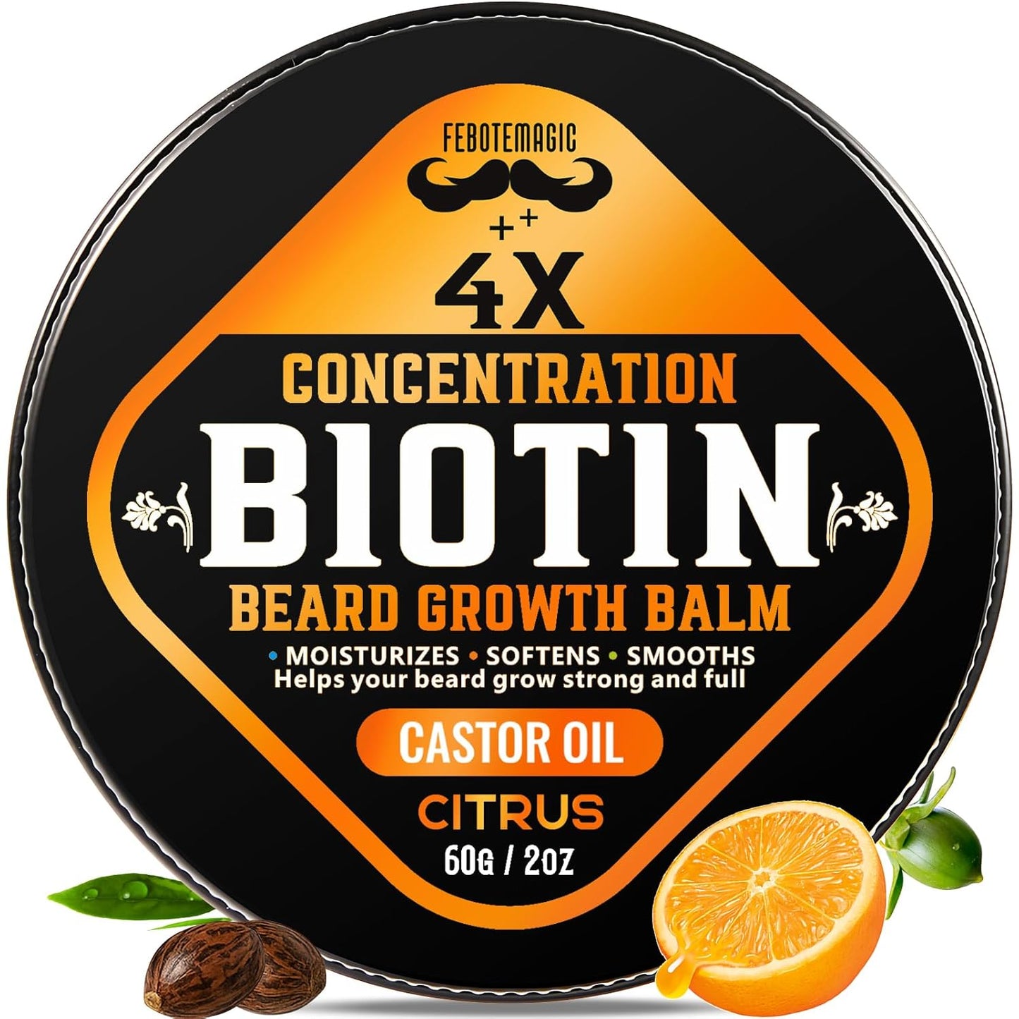 4X Concentration Biotin Beard Balm for Men – Natural Men's Grooming Butter with Castor, Shea & Jojoba Oil – Softens, Conditions & Styles – Non-Greasy Beard Growth Conditioner – 2 oz (Citrus)