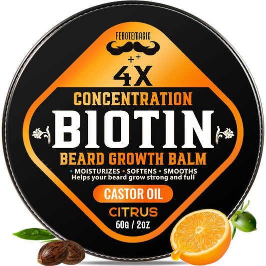 4X Concentration Biotin Beard Balm for Men – Natural Men's Grooming Butter with Castor, Shea & Jojoba Oil – Softens, Conditions & Styles – Non-Greasy Beard Growth Conditioner – 2 oz (Citrus)