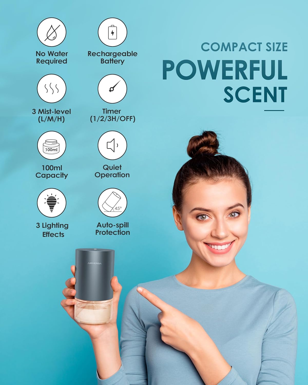 Airversa Essential Oil Diffuser Waterless Aromatherapy Diffusers for Home Large Room, Bedroom, Car, Office, Desk, Battery Operated, Small Diffuser for Pure Scent, 100mL Capacity, AN9 (Grey)