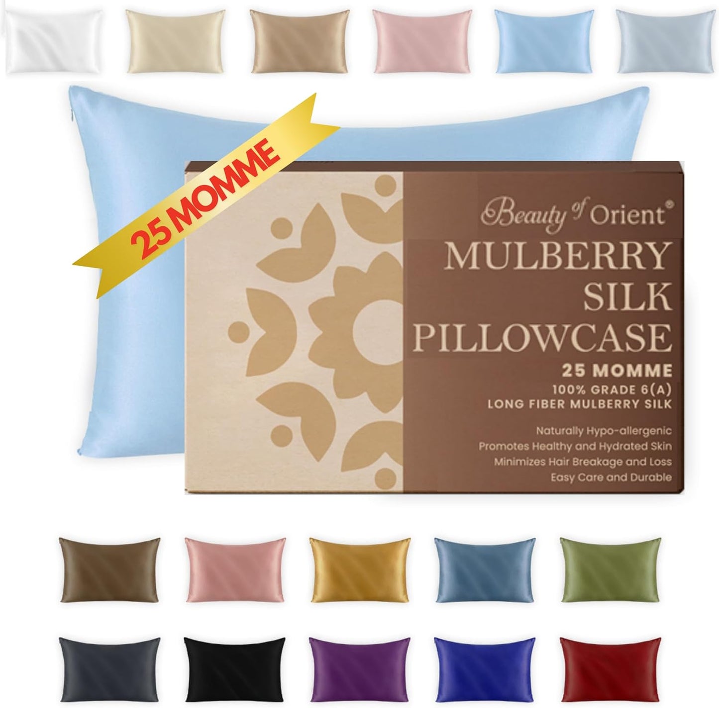 25 Momme Premium Mulberry Silk Pillowcase for Hair and Skin | Handcrafted Hypoallergenic & Anti-Acne Silk Pillow Cases with Zipper | King - 20" x 36", Frosty Blue