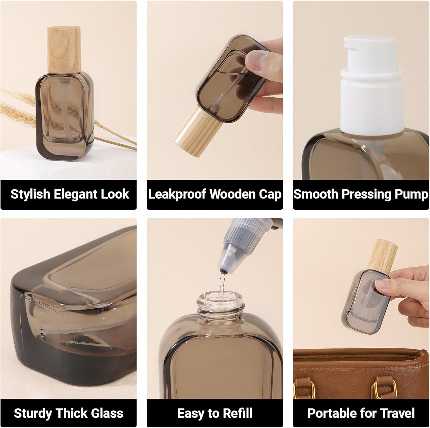 Segbeauty 1oz Glass Pump Bottle Dispenser Empty for Moisturizer, 2pcs Mini Travel Bottles Refillable, 30ml Glass Travel Containers for Cream Foundation Oils, Black Small Lotion Bottle with Pump