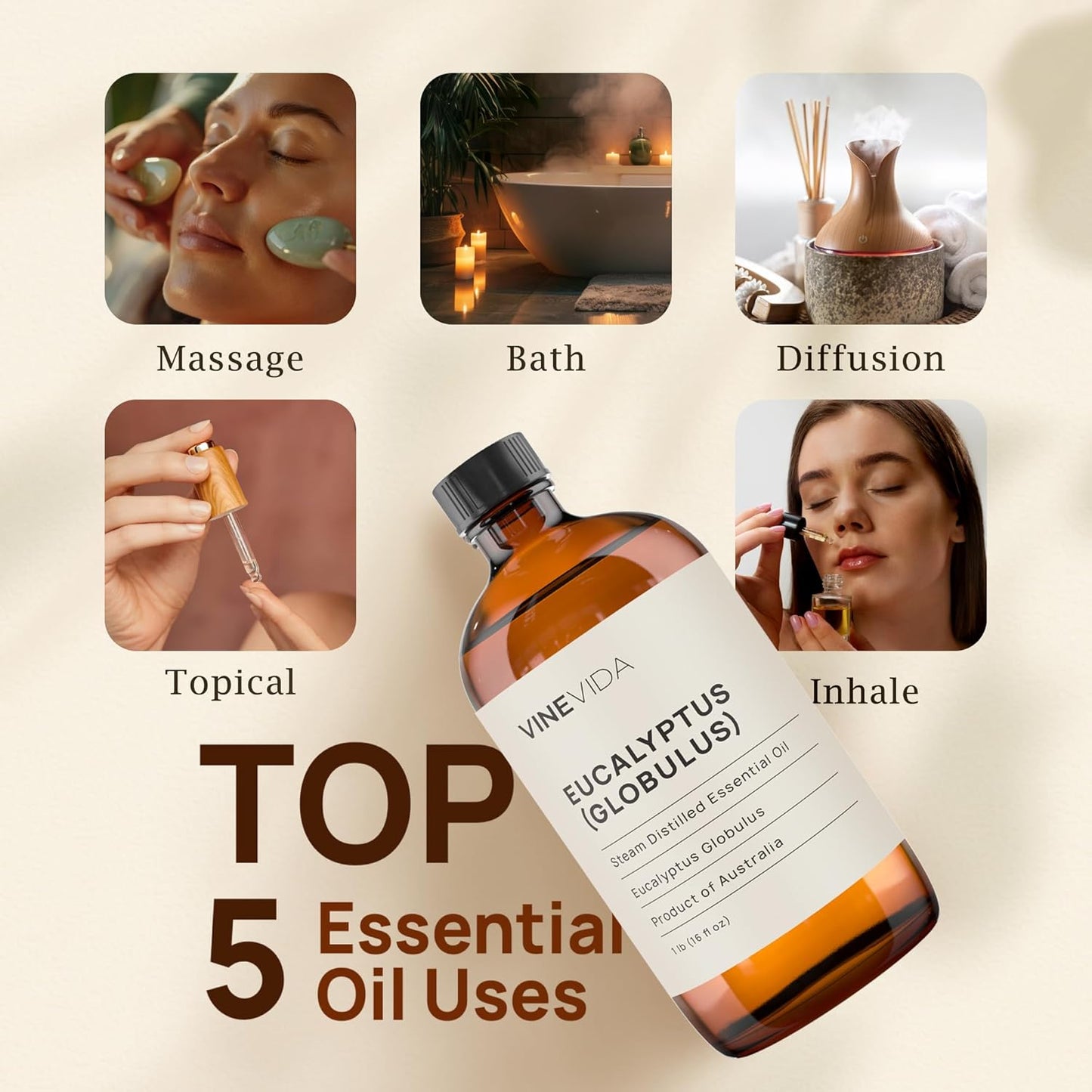 VINEVIDA Eucalyptus Essential Oil 16 oz - Undiluted Eucalyptus Oil - DIY Candle Scents for Candlemaking - Bulk Essential Oil for Soap Making Safe for Skin