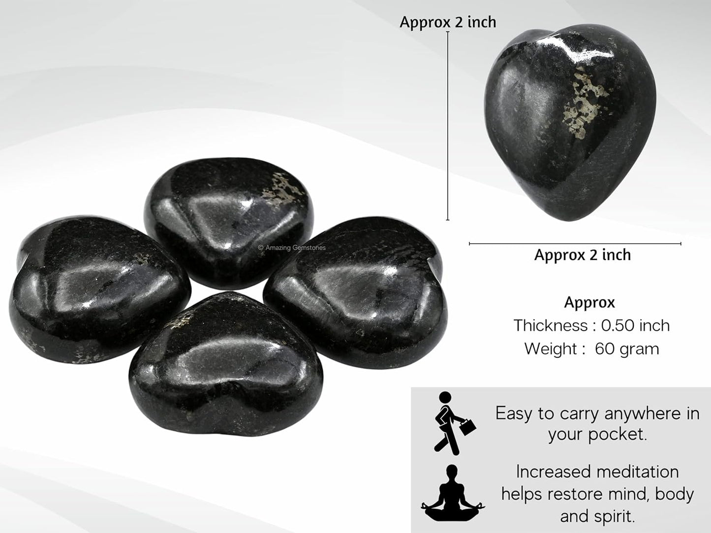 Nuummite Crystal Heart Palm Stone - Pocket Massage Worry Stone for Natural Body Chakra Balancing, Reiki Healing and Crystal Grid
