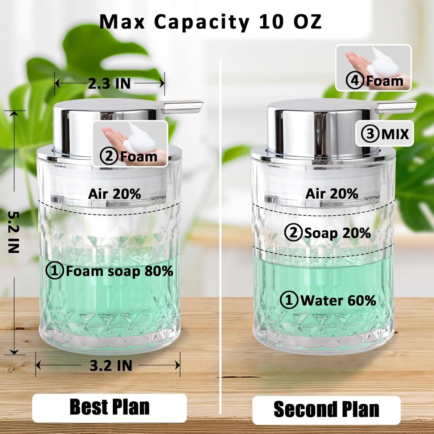 Bathroom Glass Soap Dispenser with Durable Rust-Proof Plastic Foam Pump Hand Lotion Dispenser Antislip Shampoo Kitchen 10oz