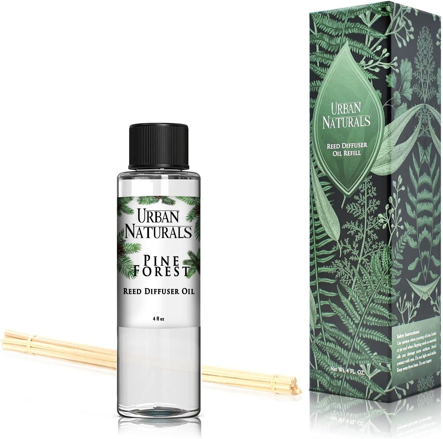 Urban Naturals Reed Diffuser Oil Refill Pine Forest, Fir Needles, Fresh Pine, Holiday Tree Aroma, 4 oz + Free Reed Sticks, Made in The USA