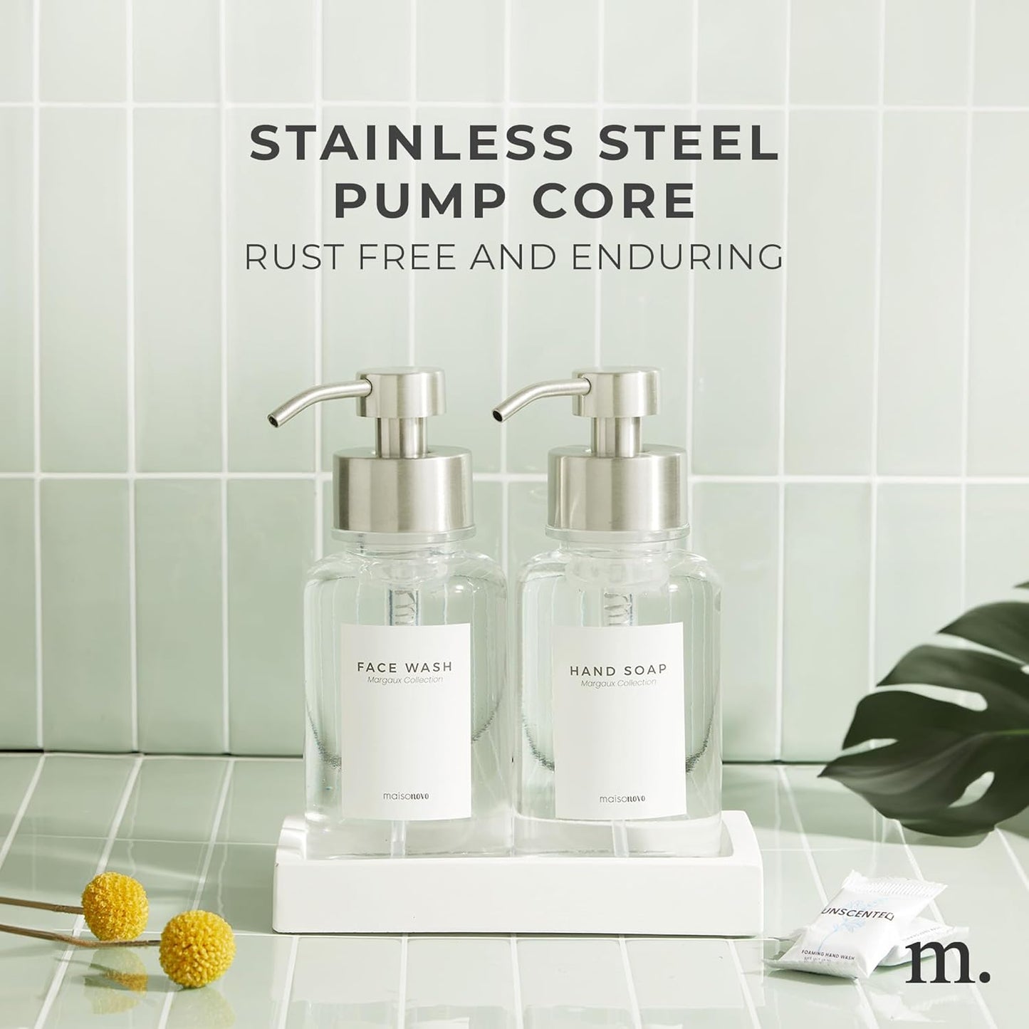 MaisoNovo Glass Foaming Soap Dispenser 14 Oz | Clear Glass Silver Pumps x 2 with Tray