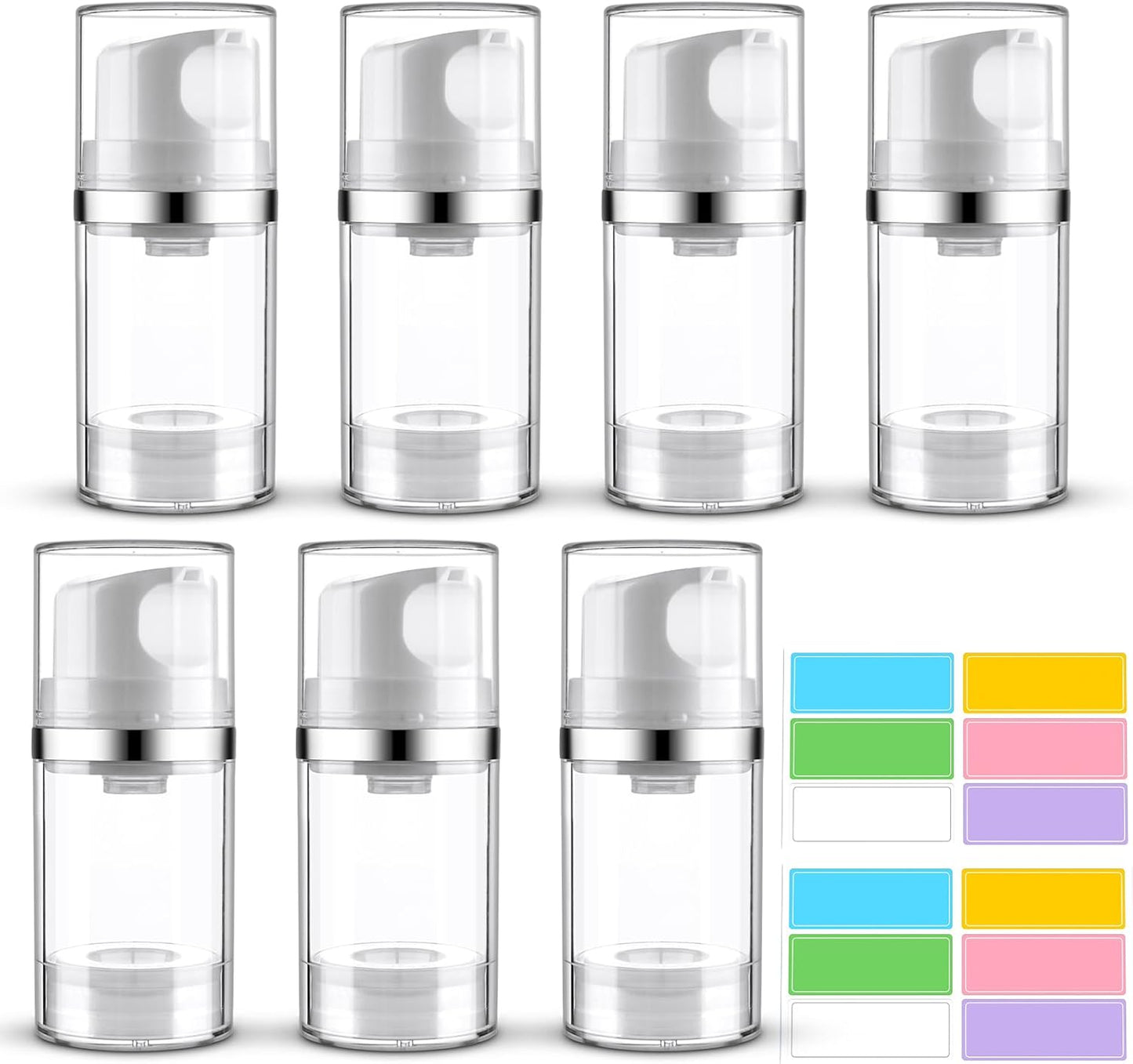 7 Pack Airless Pump Jar 1.7oz/50ml Airless Pump Bottles Empty Moisturizer Pump Dispenser Travel Pump Bottles for Lotion Toiletries Shampoo Cream with Labels(Clear)