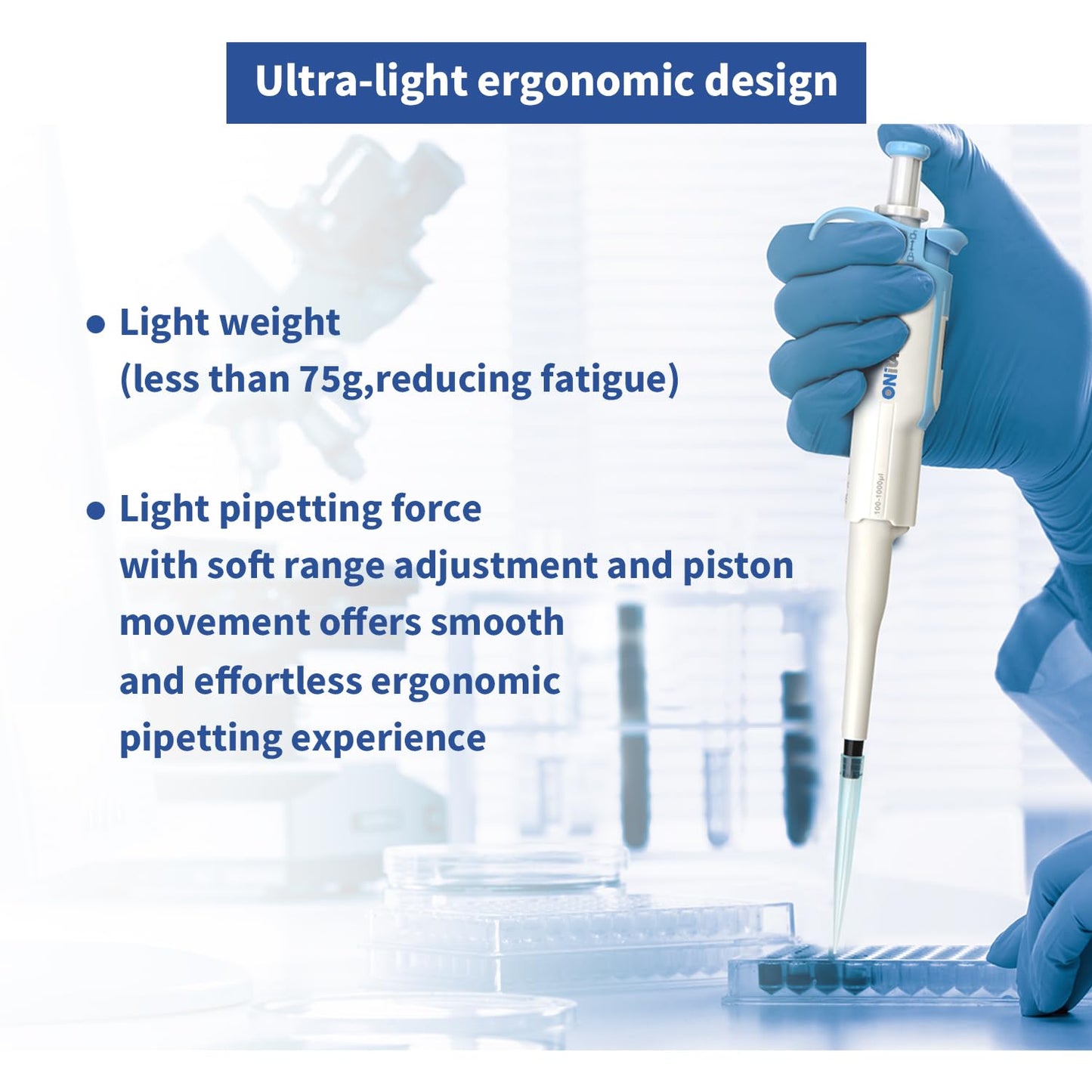 ONiLAB 10-100ul Precision Pipettor Single-Channel Manual Adjustable Variable Volume Pipettes Fully Autoclavable Micropipette