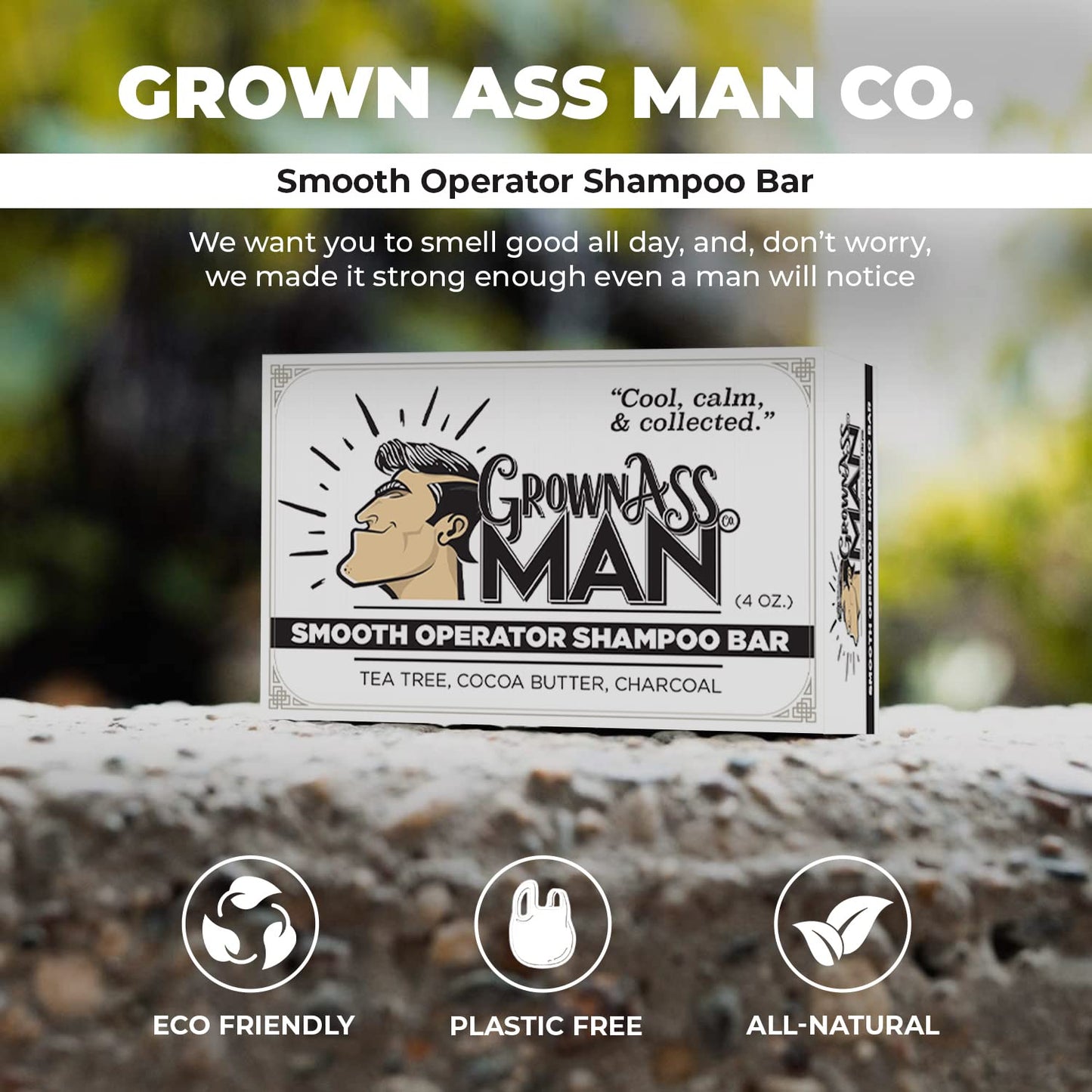 Grown Ass Man Co. - Solid Shampoo Bar Rich Lather 3 in 1: Hair, Beard & Body Wash - Plastic Free & Eco-Friendly, Natural & Organic Clean for All Hair Types, 4oz Bar (Smooth Operator, 3-Pack)