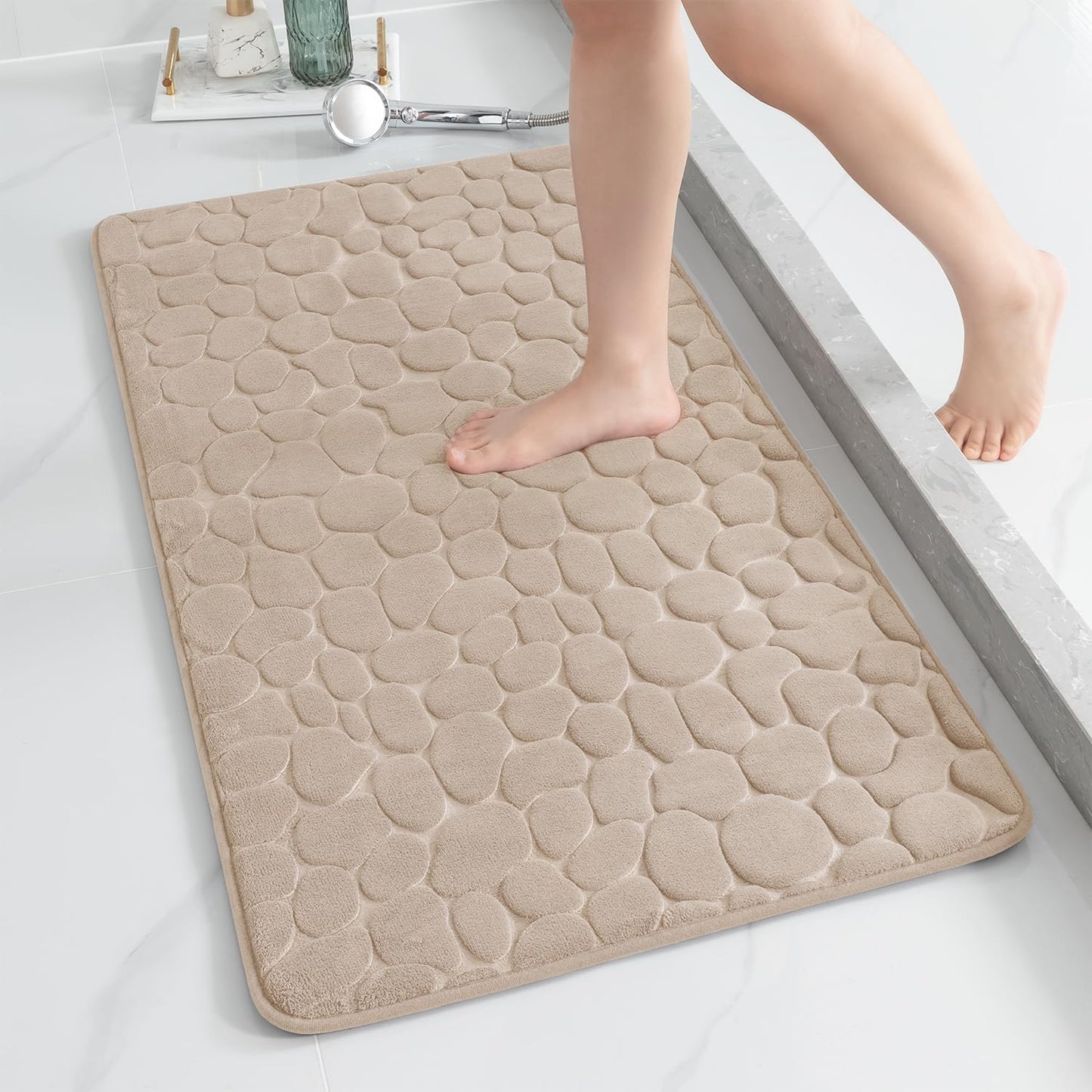 YIHOUSE Memory Foam Runner Rug, Cobblestone Bathroom Runner Rugs Super Water Absorbent Bath Mats for Bathroom Machine Washable Bath Rugs Runner for Hallway Bedroom Laundry Room(24 x47,Khaki)