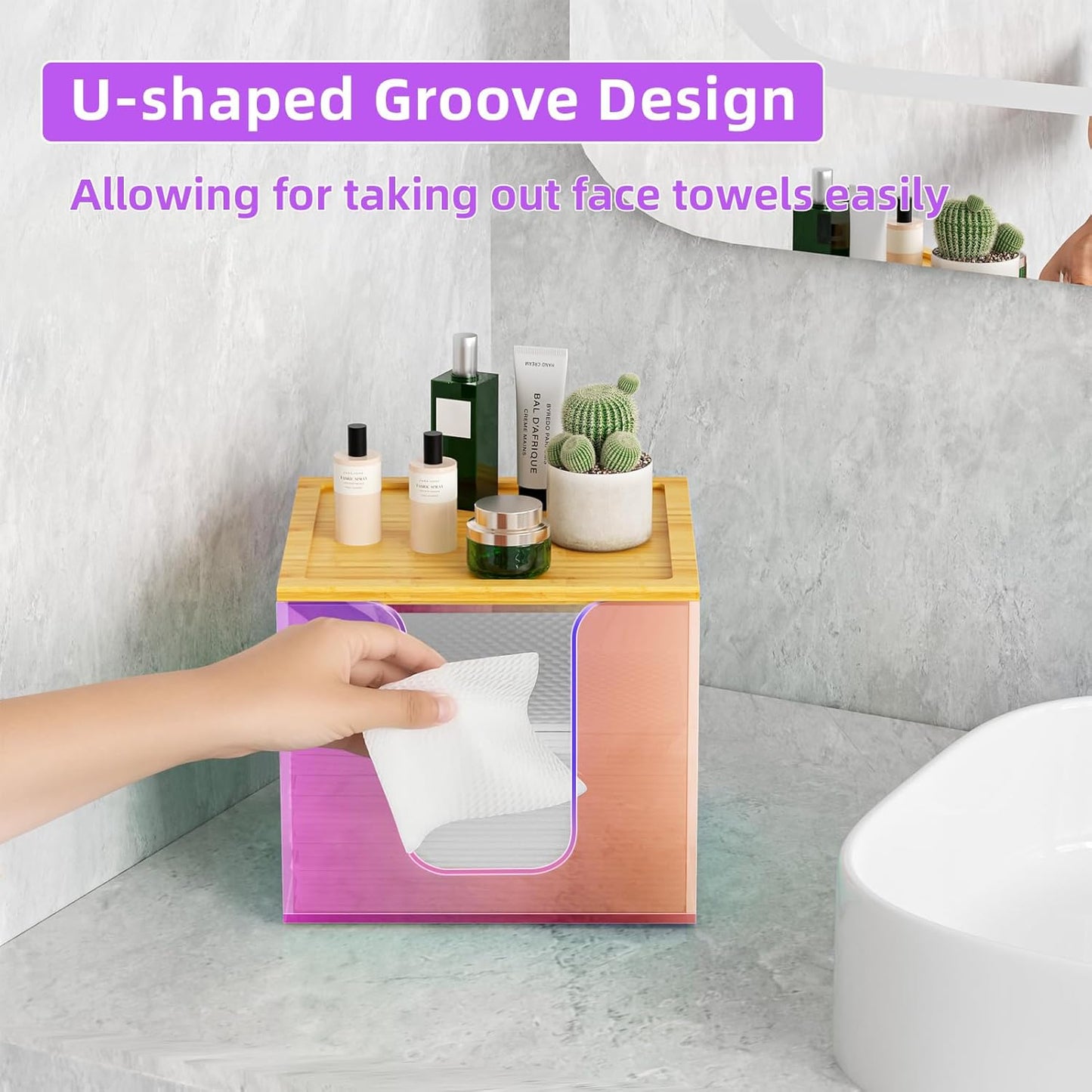 VITVITI Disposable Face Towel Holder Box, Acrylic Facial Towel Container for XL Clean Skin Club, Large Disposable Face Towels Storage with Bamboo Lid, for Bathroom, Vanity Makeup, Rainbow