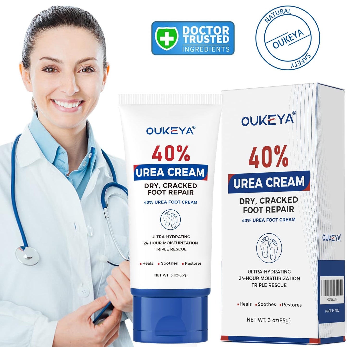 OUKEYA Urea Cream 40 Percent Tube 3 Oz, Foot & Hand Cream for Dry Cracked, 40 per Urea Lotion for Feet Maximum Strength