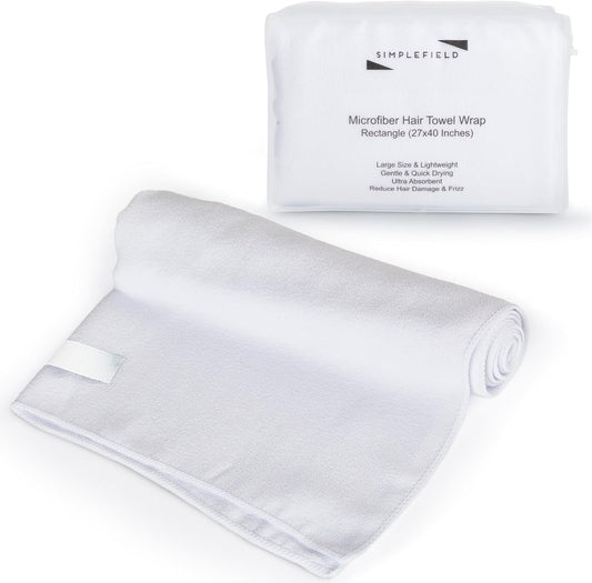Large Microfiber Hair Towel Wrap for Women (27x40 Inches). Anti Frizz Rectangle Drying Towel with Elastic Band for Long, Curly, and Thick Hair. Includes Reusable Carry Bag (Bright White)