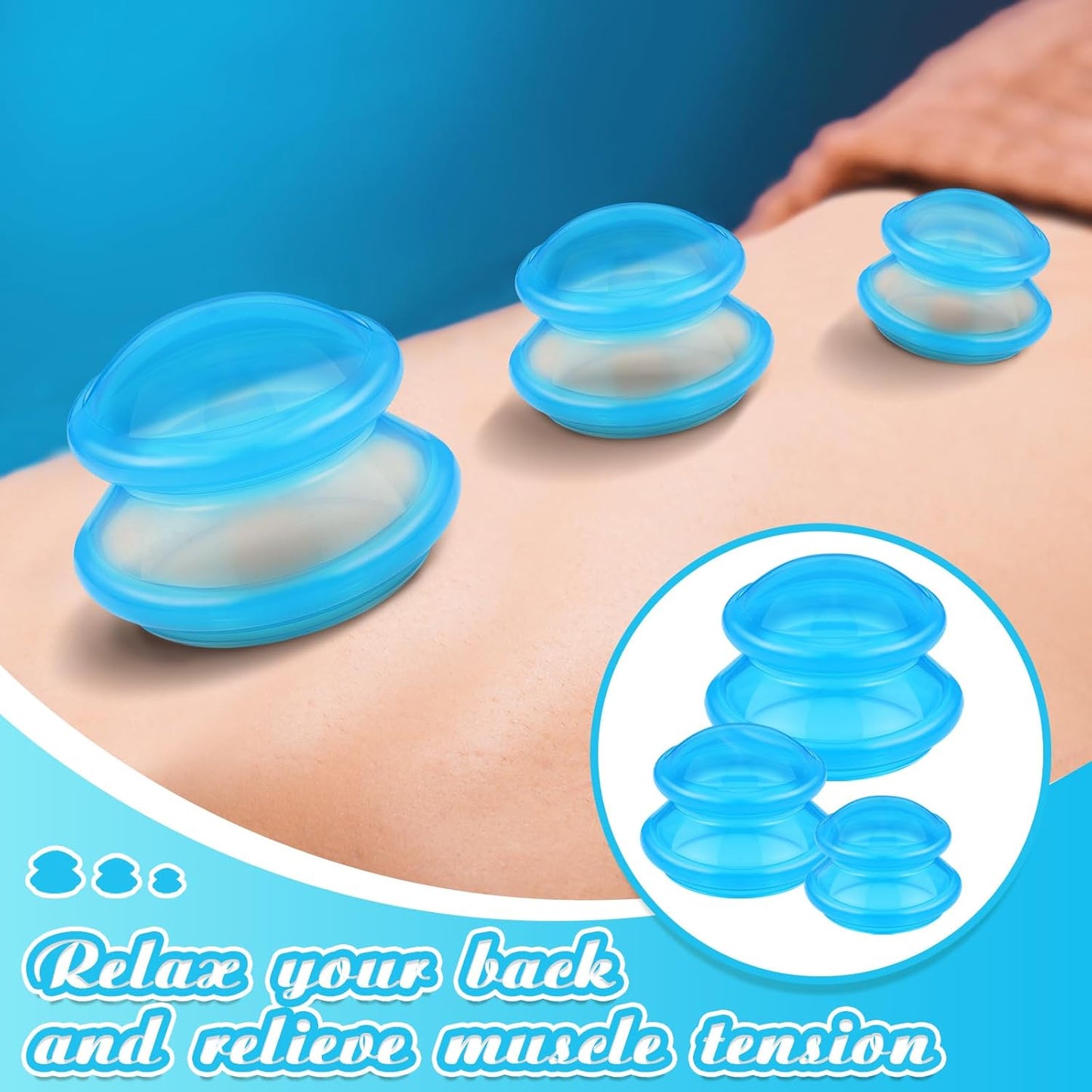 TrelaCo 6 Pcs Cupping Kit for Massage Therapy 3 Sizes Silicone Cupping Set Chinese Massage Therapy for Studio Household Cellulite Joint Pain Muscle Pain(Clear Blue)