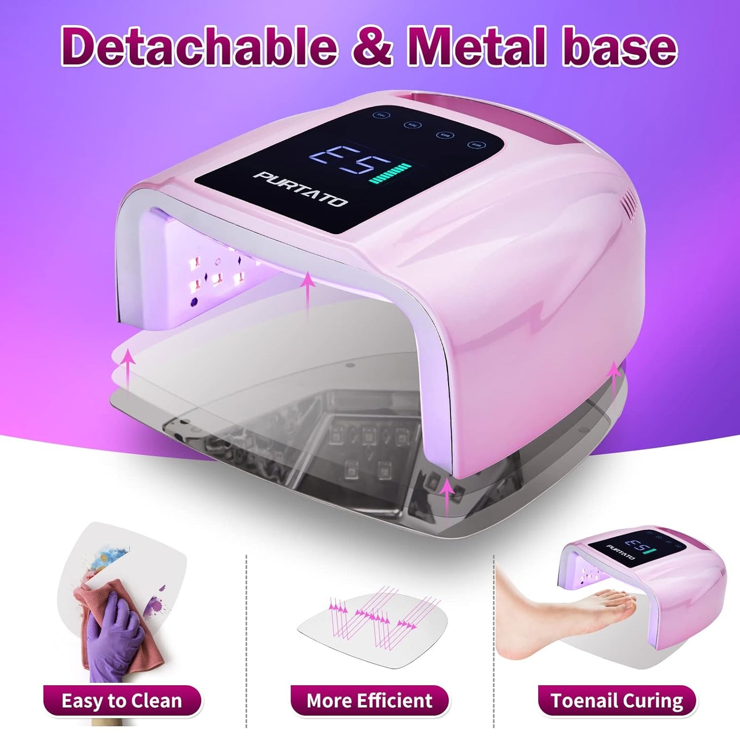Professional Rechargeable 96W UV LED Portable Cordless UV Light for Nail Lamp Machine with Removable Stainless Steel Bottom,4 Timer Setting and Smart Sensor Nail Dryer (Plating Pink)