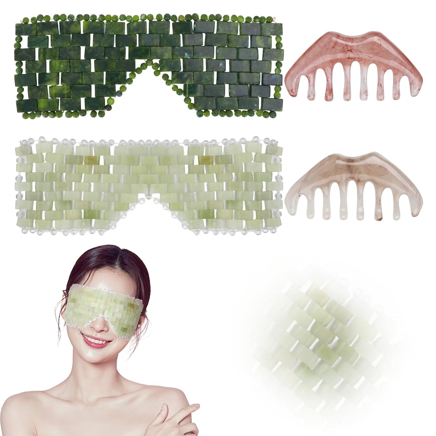 4 Pcs Jade Eye Mask and Scalp Massage Comb Set, Natural Jade Stone Hot & Cooling Eye Mask for Puffy Eyes & Help Soothe Eye Fatigue, Resin Scalp Massager Tool for Relaxation and Head Care