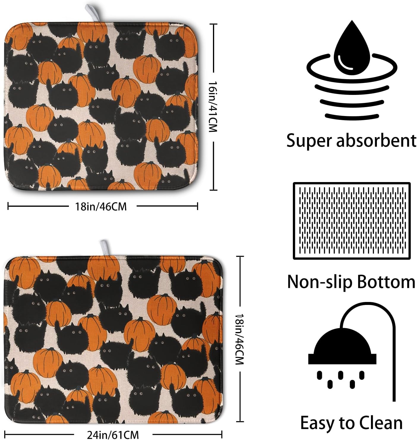 Happy Halloween Dish Drying Mat for Kitchen Counter 18x24 Inch Cute Pumpkin Black Cat Trick or Treat Drying Mats Large Microfiber Absorbent Dish Rack Pad for Coffee Bar Sinks Home Accessories