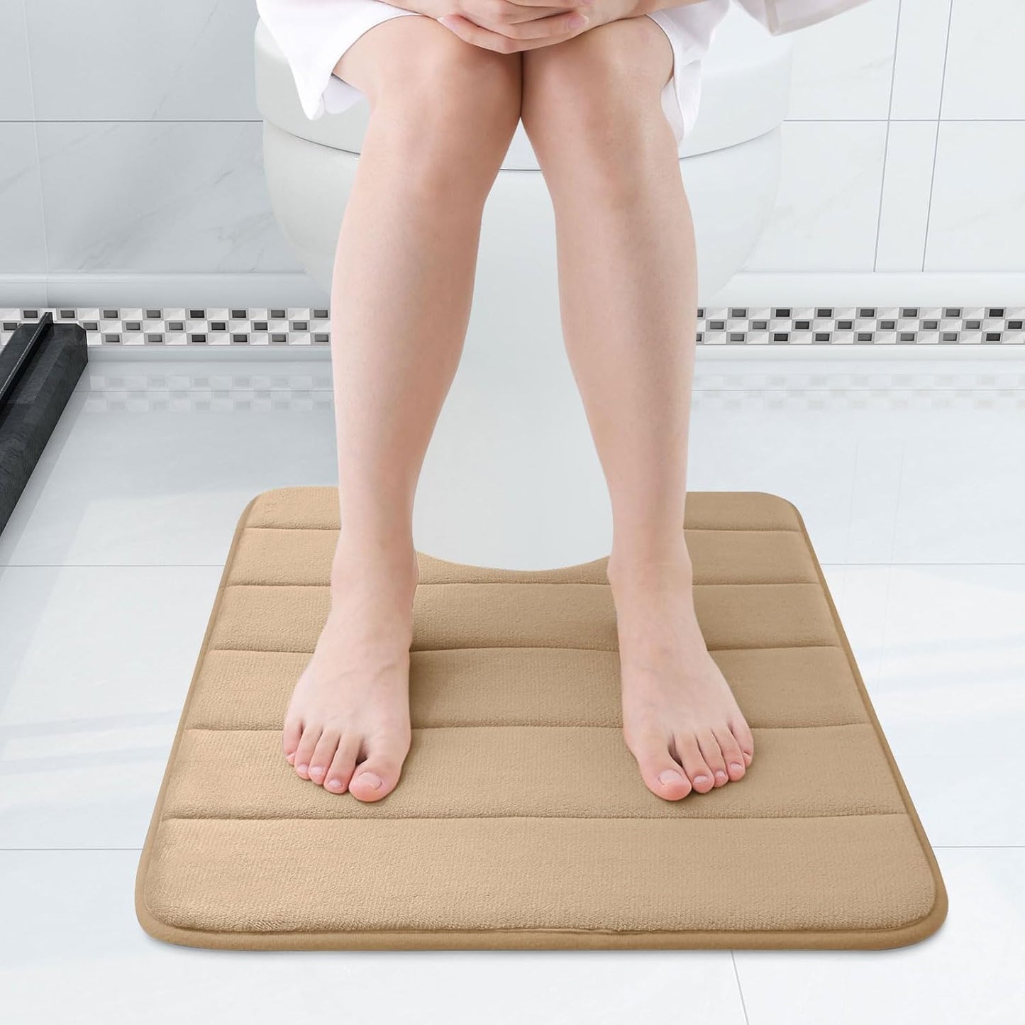 Buganda Memory Foam U-Shaped Contour Toilet Rugs, Non Slip Absorbent, Thick Soft Washable Bathroom Mat, Floor Carpet Bath Rugs Mat for Toilet Base (20" x 20", Camel)