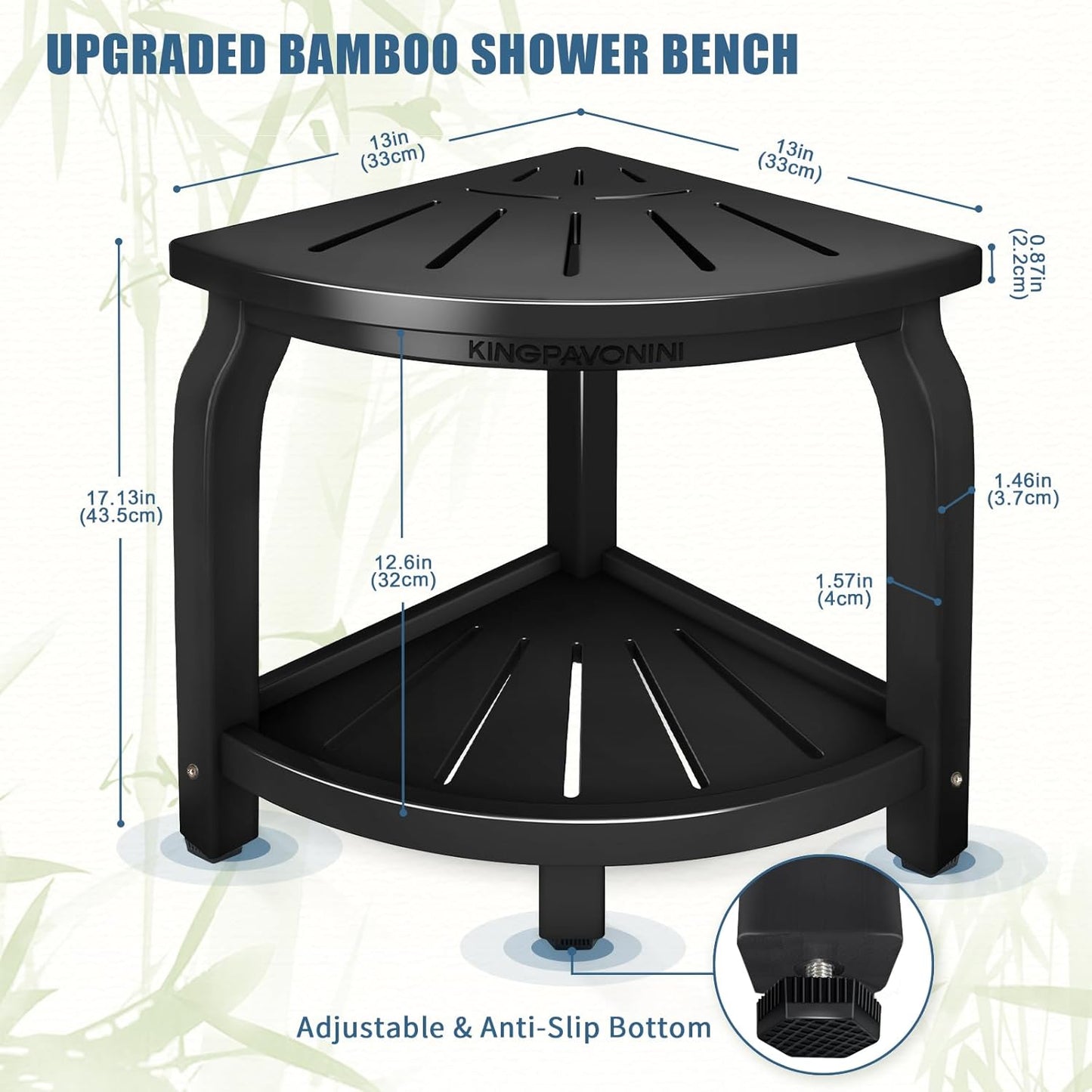 KingPavonini Bamboo Corner Shower Stool for Shaving Legs Foot Rest, Waterproof Bath Bench Seat with Storage Shelf for Bathroom Inside Shower, Hold Up to 450Lbs