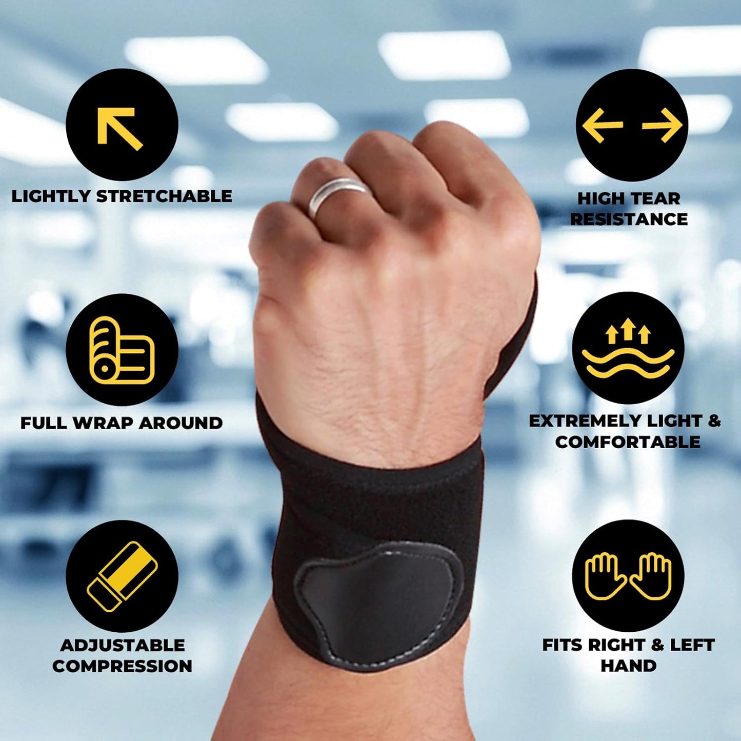 NeoTech Care Wrist Band - Elastic & Breathable Fabric - Adjustable Compression Strap - Men, Women, Right or Left - Support Wrap for Protection or Sports (Black Color, Size S, 1 Unit)