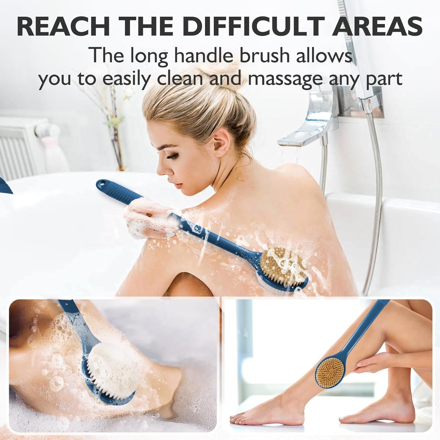 VANZAVANZU 17 Inch Anti-Slip Long Handle Back Scrubber for Shower – Dual-Sided Shower Brush and Shower Back Scrubber with Soft and Stiff Bristles for Wet or Dry Brushing (Navy Blue)