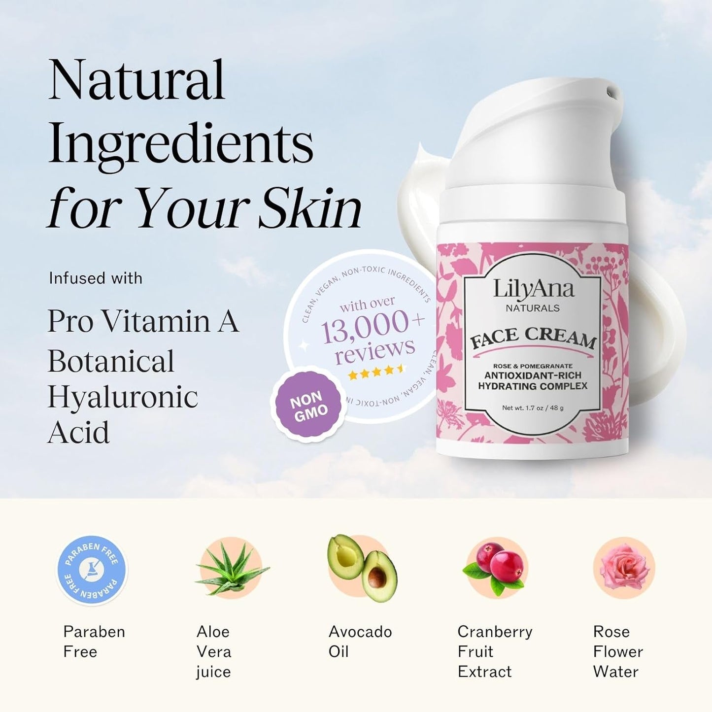 LilyAna Naturals Face and Neck Moisturizer for Women and Men - Moisturizer Face and Neck Cream for Dry Skin and Dark Spot Brightening - Rose and Pomegranate Extracts - 1.7oz