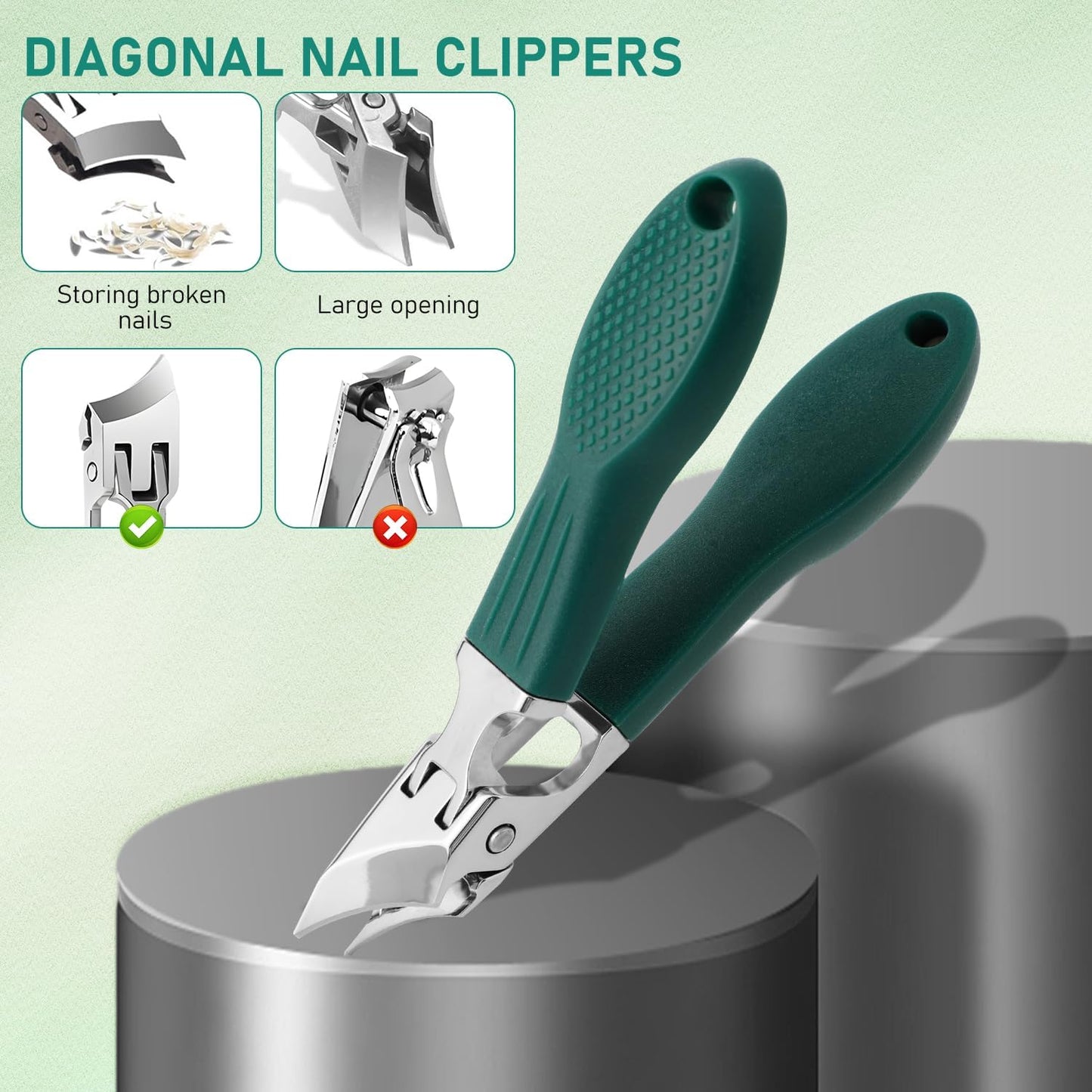 Eagle Beak Beveled Nail Clippers, Upgrade Stainless Steel Wide Jaw Opening Anti-Splash Nail Clipper Set of 3-Piece, Long Handle Angled Nail Clipper for Ingrown & Thick Nail for Men Women (Green)