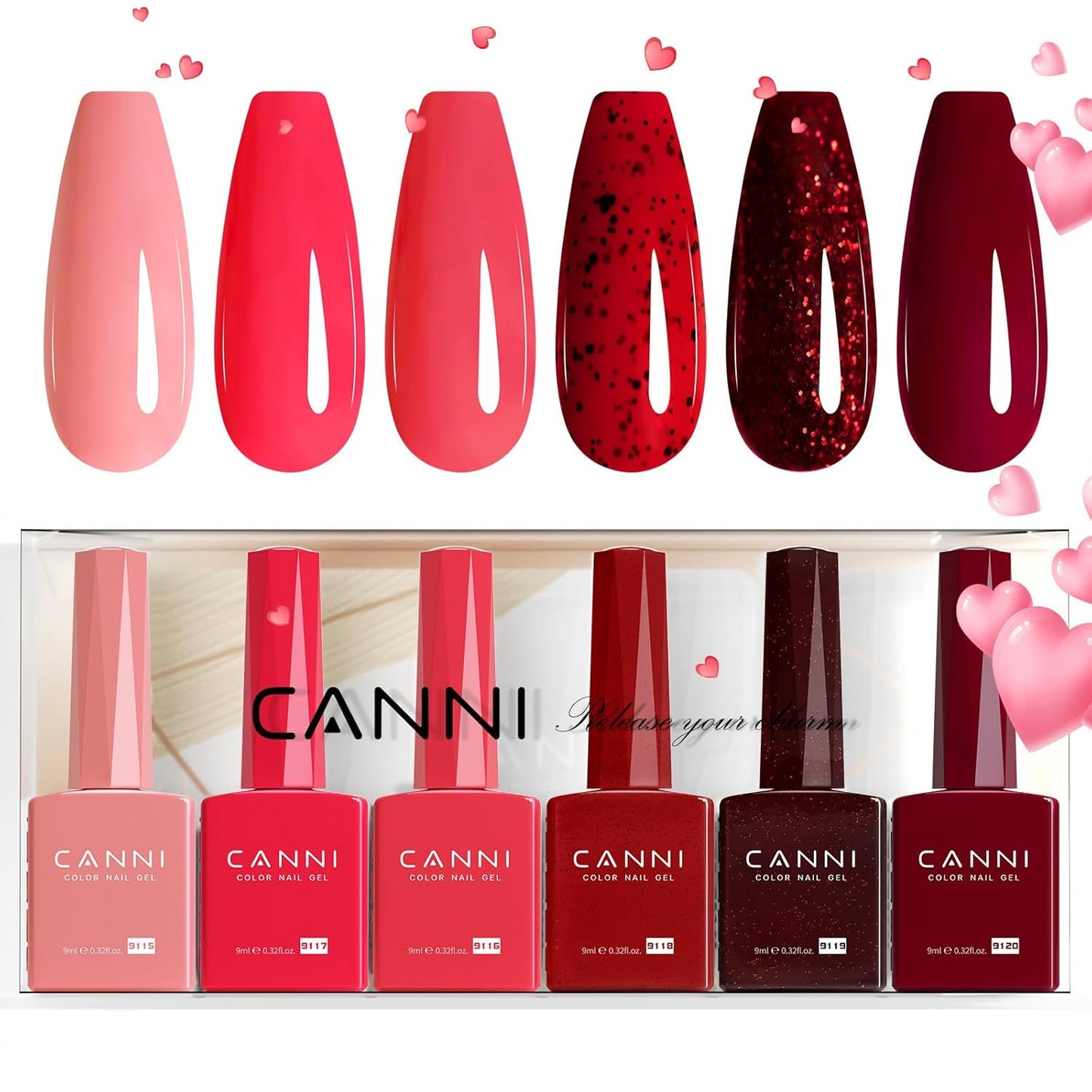 CANNI 6 Colors 9 ML Hema-Free Glitter Red Gel Nail Polish Set, Dark Cherry Red Gel Polish Kit, Soak Off LED Nail Gel Manicure Kit DIY at Home Salon Gifts