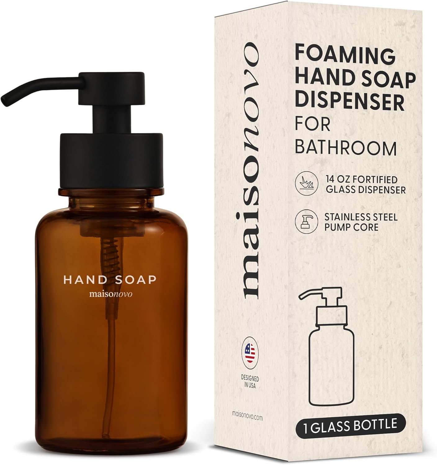 MaisoNovo Glass Foaming Hand Soap Dispenser 14 Oz | Amber Foaming Soap Dispenser Black Pump x 1 w/Labels
