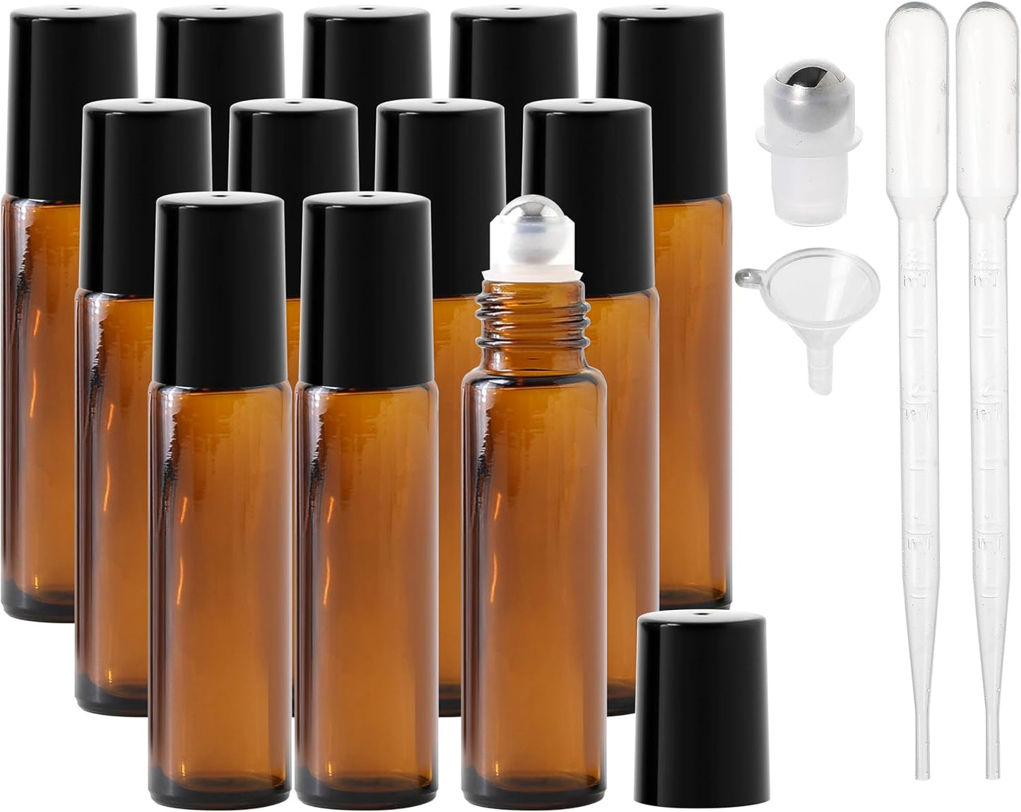 Essential Oil Roller Bottles, 10ml Thick Glass Perfume Roller Bottles with Funnel Opener and Dropper Colored Glass Empty Bottles with Stainless Steel Roller Balls (Brown - black cover, 12 Pack)