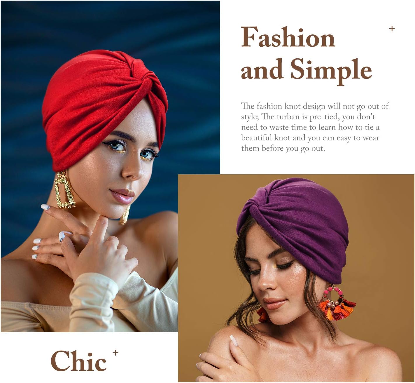 SATINIOR 4 Pieces Turbans for Women Soft Pre Tied Knot Fashion Pleated Cancer Turban Cap Chemo Headwrap Sleep Hat, 4 Colors