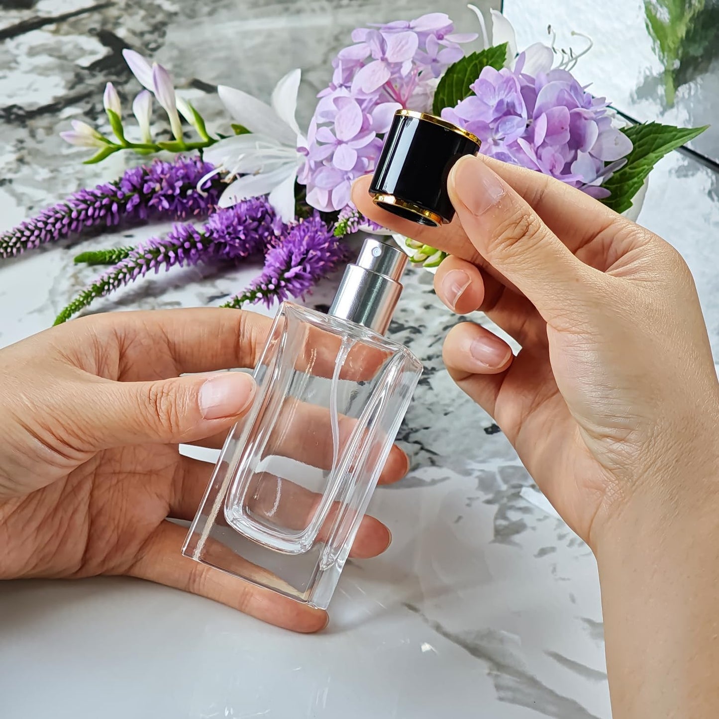 2 Pack 50ml/1.7 Oz Glass Spray Bottle Perfume Atomizer,Empty Travel Refillable Perfume Spray Bottle with 3 Kinds of Dispenser (Black Cap, 50ml)