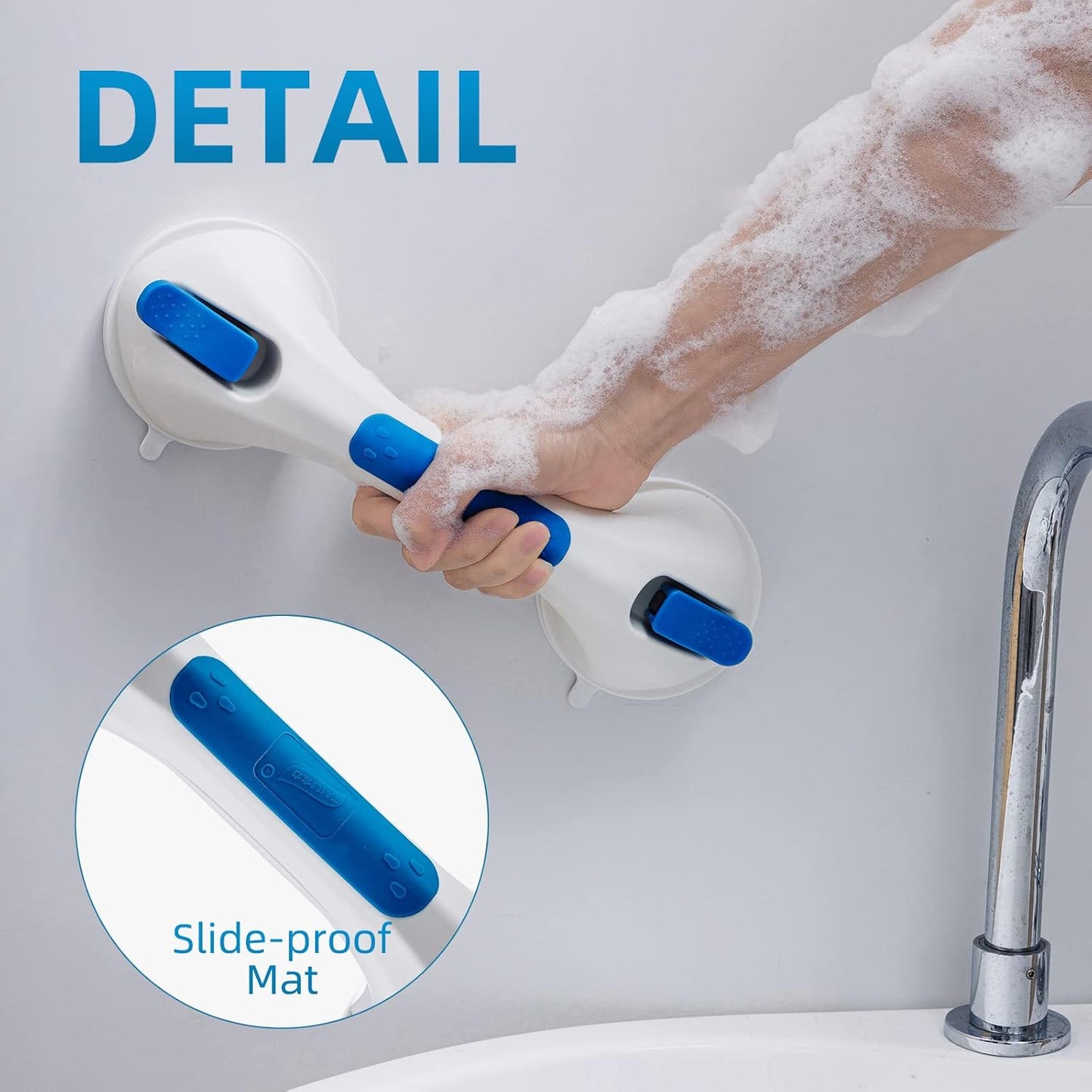 Shower Grab Bar Suction Cup 12 inch, Grab Bars for Bathtubs, Bathroom Safety Grip Shower Handle for Elderly and Seniors, Bath Handrails Removable & Reusable Waterproof, No Drilling, Blue