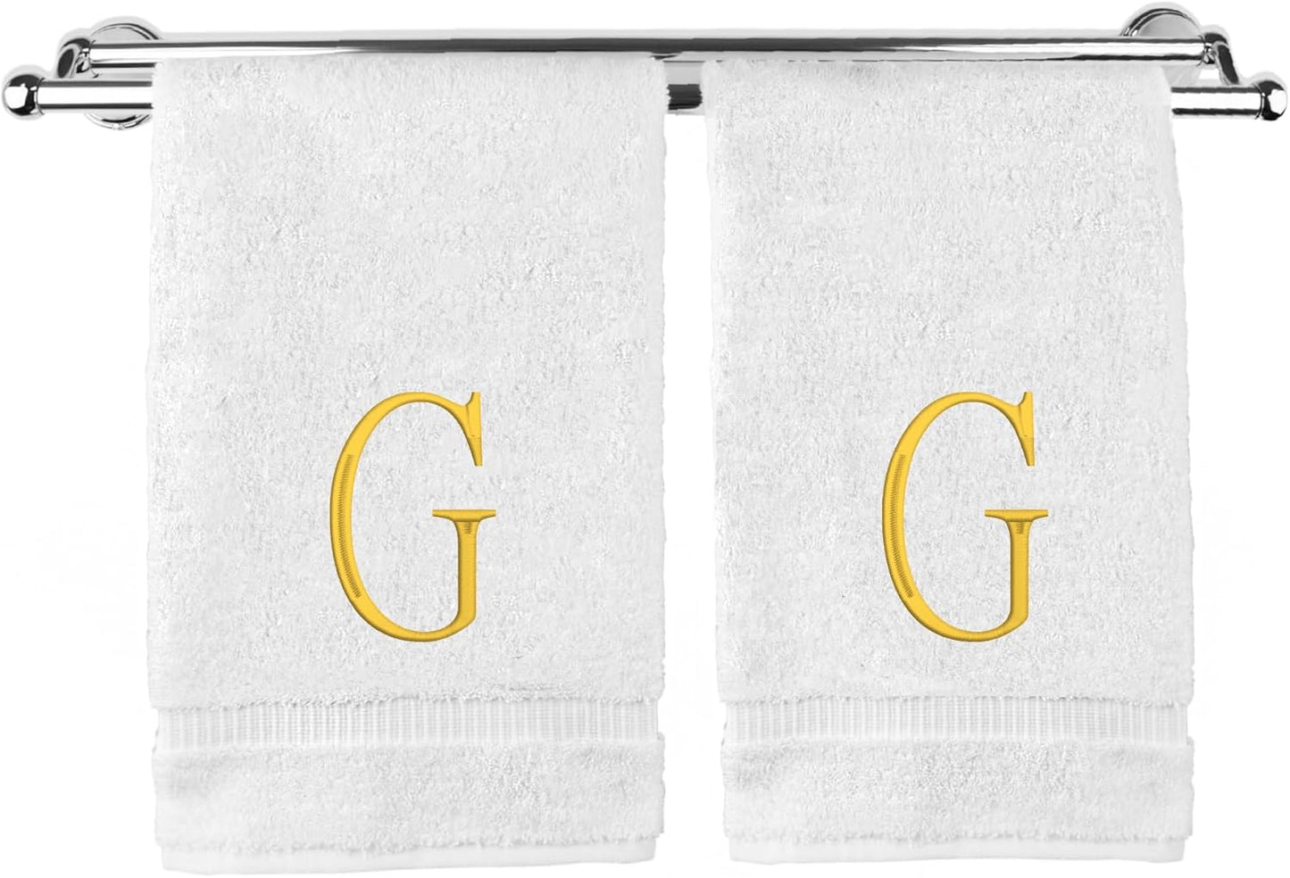 Monogrammed Hand Towel, Personalized Initial Gift, Extra Absorbent 100% Turkish Cotton - Soft Terry Finish - Set of 2 - Gold Block Initial G - Embroidered on White Towels