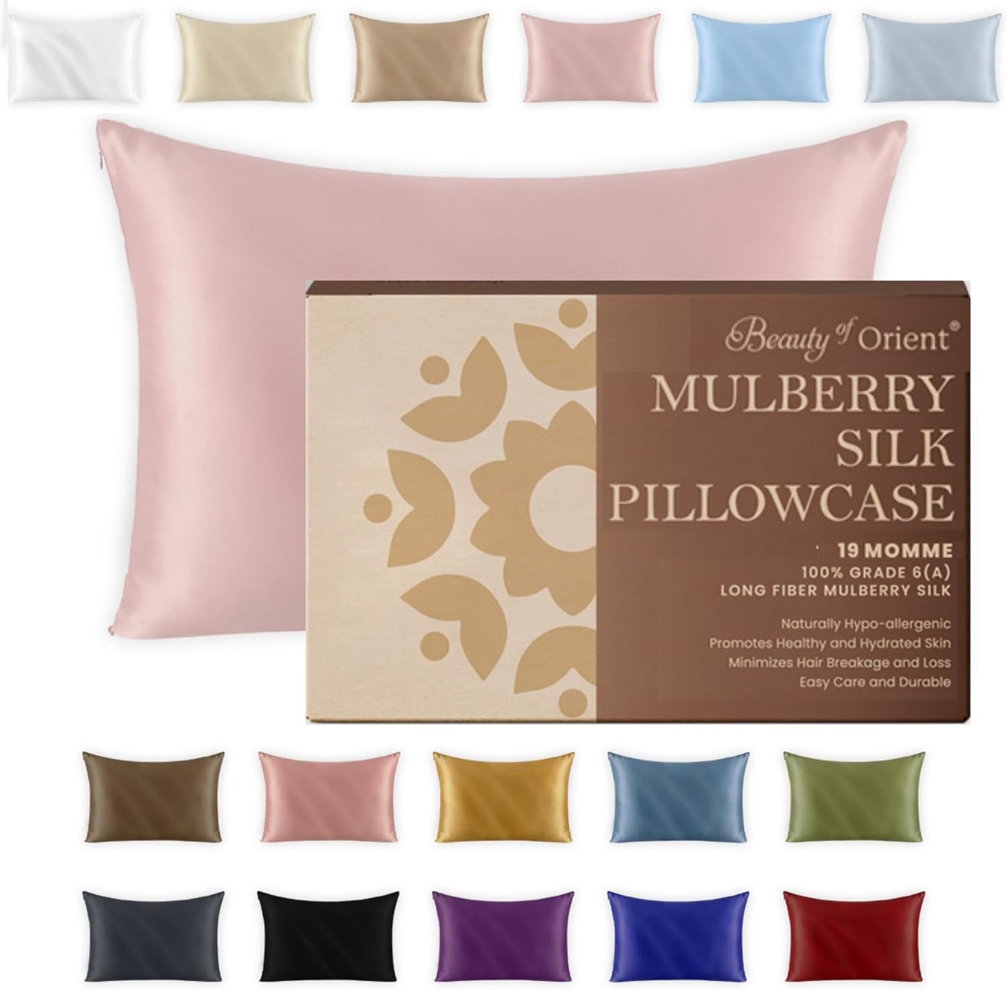 19 Momme Premium Mulberry Pink Silk Pillowcase for Hair and Skin | Handcrafted Hypoallergenic & Anti-Acne 100% Silk Pillow Cases with Zipper | King - 20" x 36", Rose Water