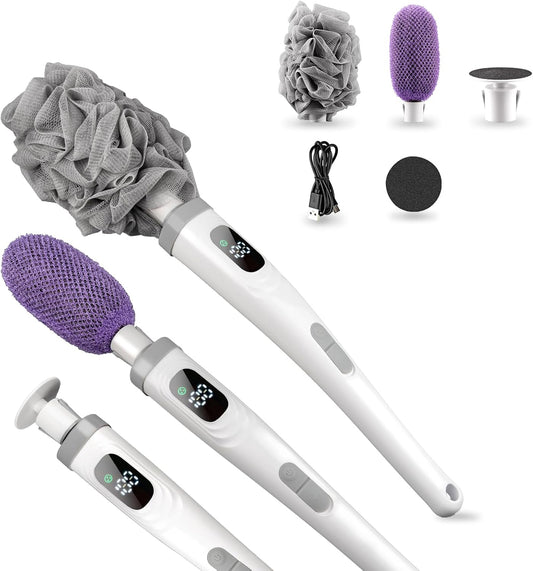Electric Back Scrubber for Shower,African Net Sponge Long Handle Exfoliating Body Scrubber,IPX7 Waterproof Bath Brush with 3 Heads & 2 Speeds,for Cleansing, Exfoliating and Foot Callus Remover