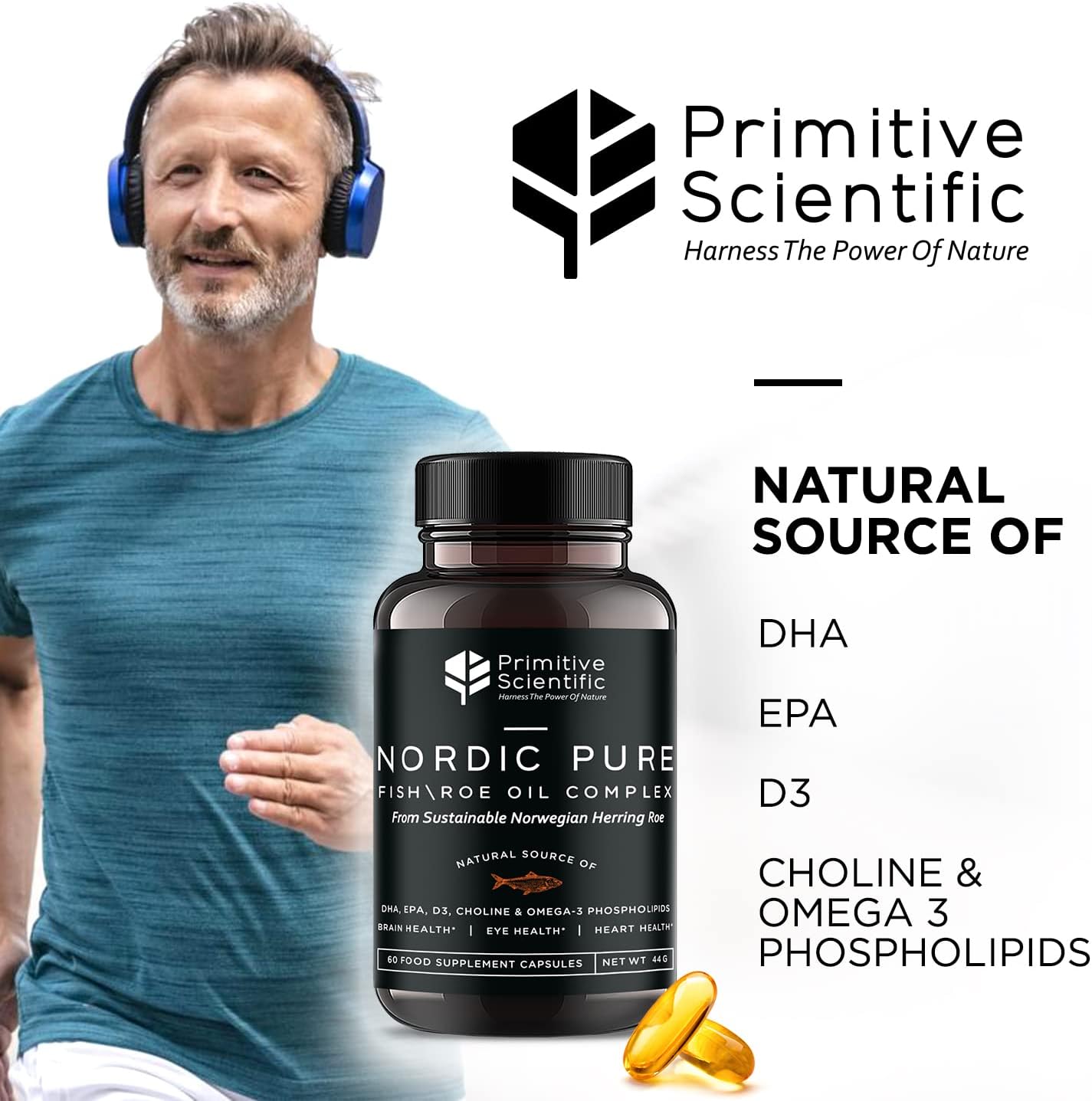 Nordic Pure Fish Roe Oil Complex (60 Fish Oil Capsules) for Brain, Immunity & Vision - Heart Supplement w/EPA, DHA, Vitamin D3, Choline - Fish Oil Omega 3 Supplements