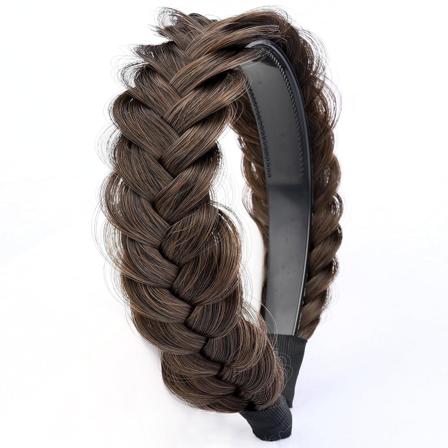 DIGUAN Wide Messy Braided Headband With Teeth Synthetic Hair Plaited Headband High Elasticity Braids Chunky Fishtail Braided Hair Band Hairpiece for Girls Women Beauty Accessory (Copper Brown)