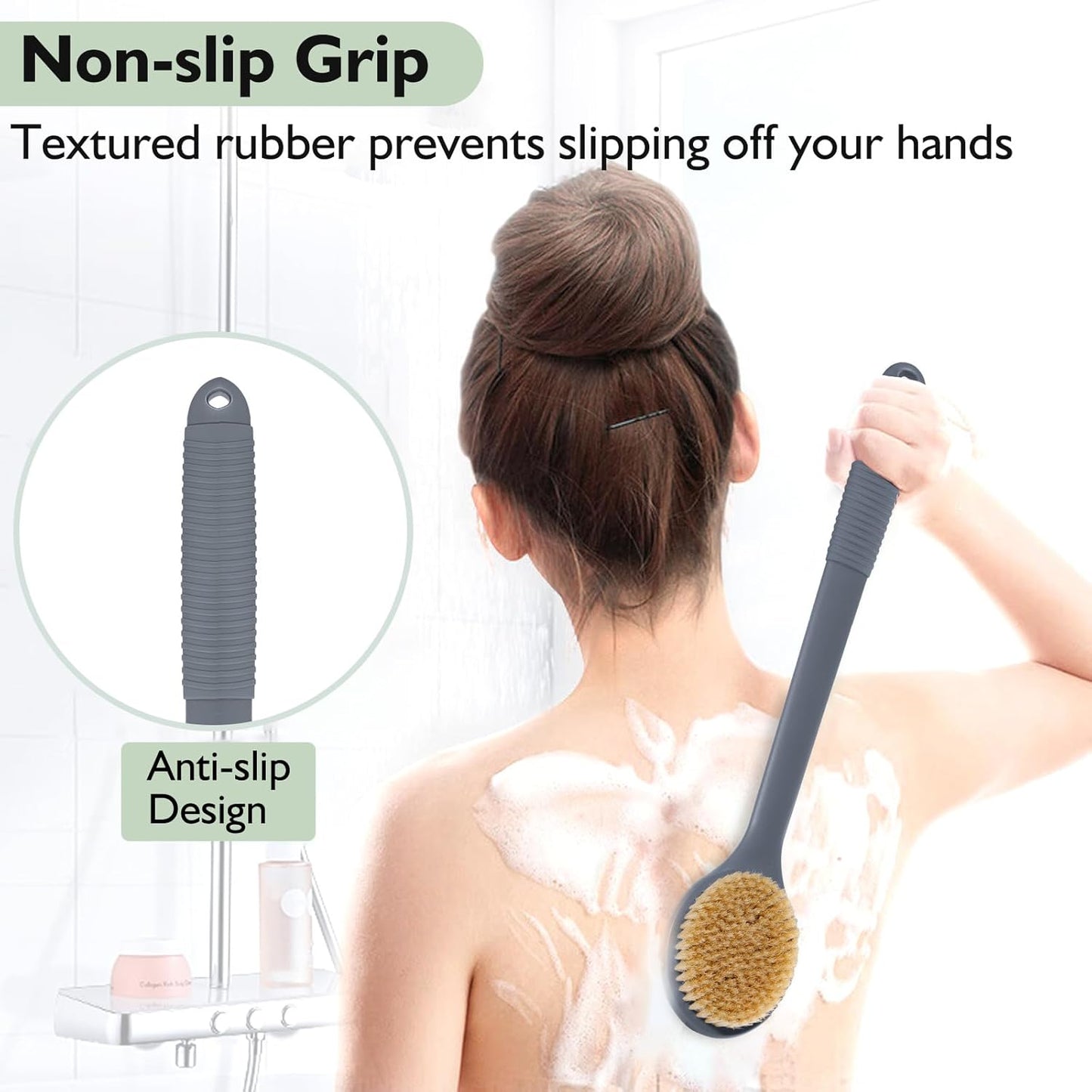VANZAVANZU 17 Inch Anti-Slip Long Handle Back Scrubber for Shower – Dual-Sided Shower Brush and Shower Back Scrubber with Soft and Stiff Bristles for Wet or Dry Brushing (Gray)