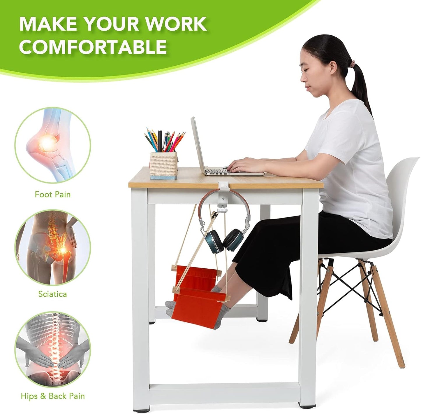 iMissiu Foot Hammock Under Desk | iMissiu Adjustable Office Foot Rest | Portable Footrest with Headphones Holder (Orange)