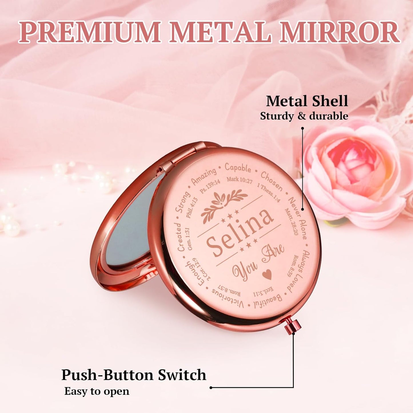 Personalized Inspirational Compact Mirror, Custom Name Christian Compact Mirrors Bulk, Double-Sided 1X/2X Magnifying Pocket Makeup Mirrors, Religious Gift for Women Sister Friend Girl, Birthday Gifts