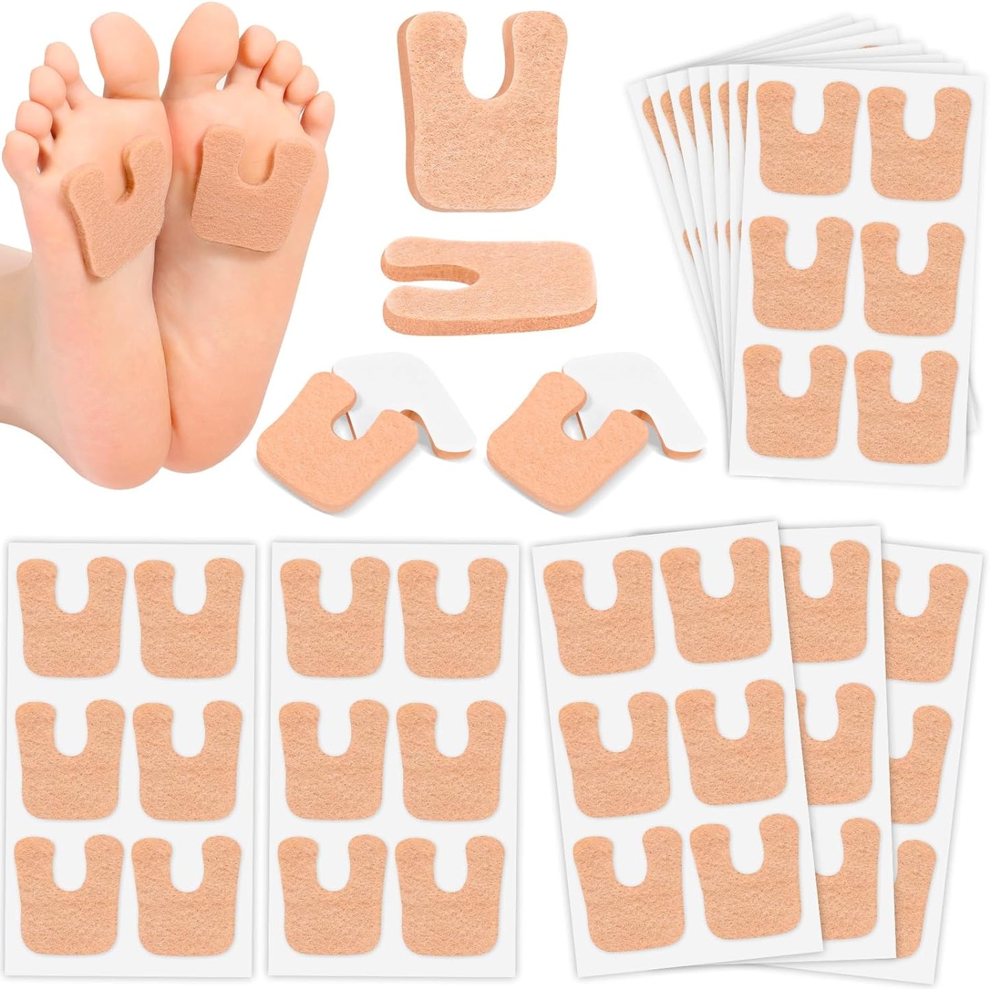 Jollidecor Callus Cushions U Shaped Felt Callus Pads Self Adhesive Foot Pads, 72Pcs Keep Calluses from Rubbing on Shoes Adhesive Pads for Men and Women, Brown