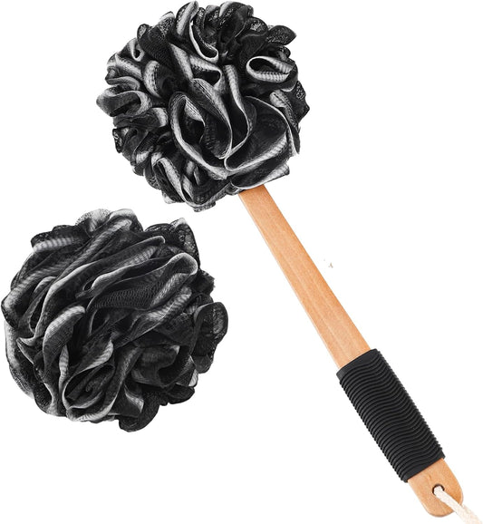 Loofah with Long Handle - Extra Large Soft PE Bath Sponge, Superior Mesh Body Scrubber for Shower with Hanging Rope - Exfoliating Back Scrubber for Shower, Suitable for Men & Women (Black)