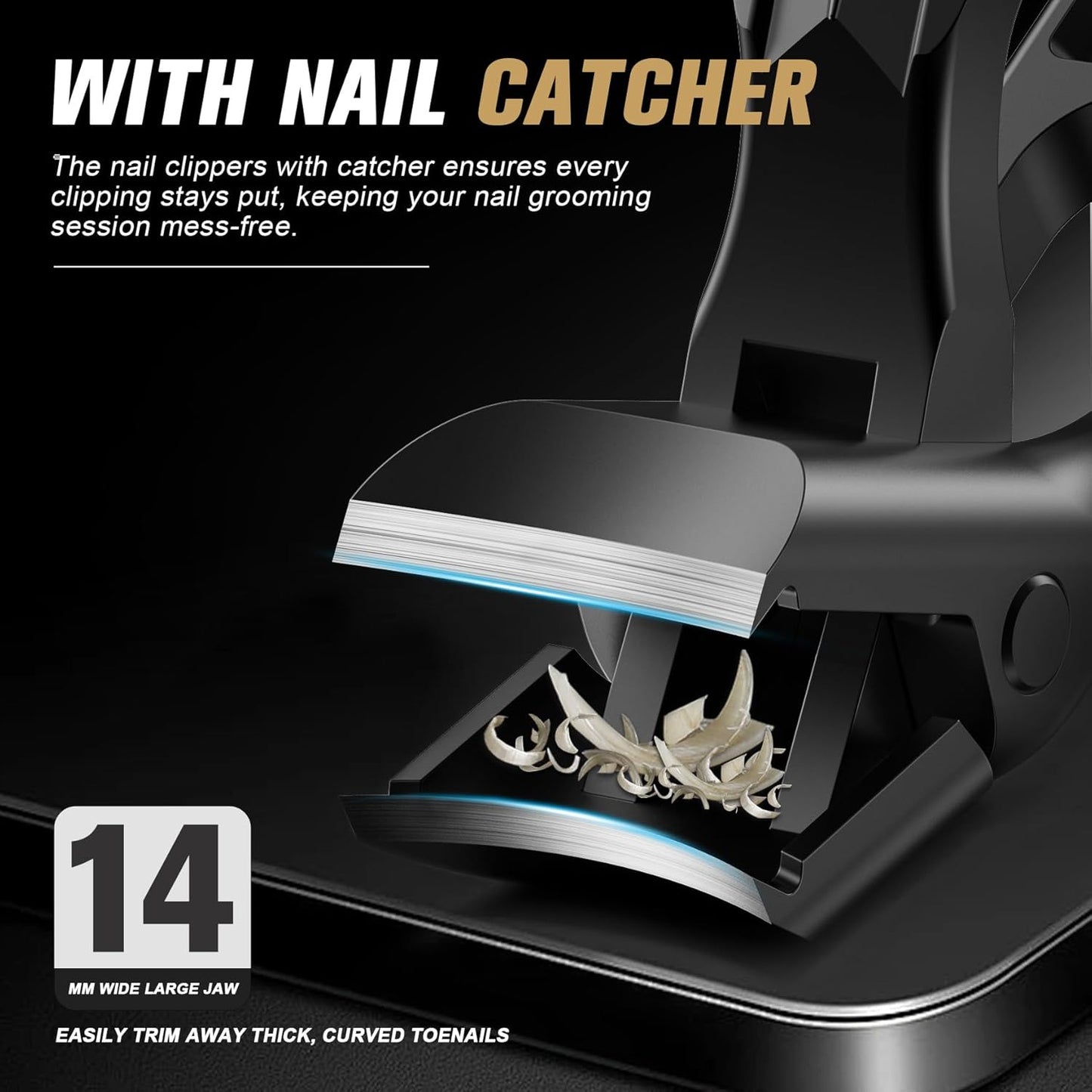 FERYES Curved Head Toe Nail Clippers for Thick Nails for Seniors - Ergonomic Senior-Friendly Finger Nail Clippers with Catcher, Sharp Toenail Clipper for Thick Toenails with Safety Locker (Black)