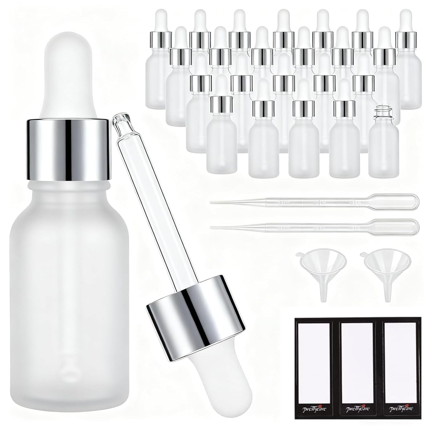 PrettyCare 24 pcs，Eye Dropper Bottle 0.5 oz（ 15 ml Frosted Glass Bottles with Silver Caps, 2 Extra Measured Pipettes, 48 Labels, 2 Funnels Empty Tincture Bottles for Essential Oils