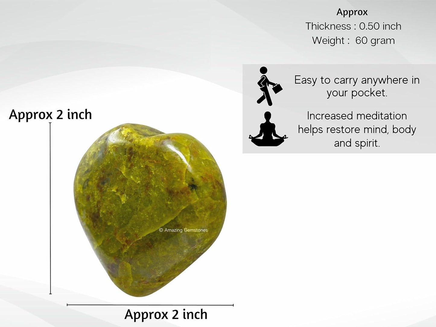 Amazing Gemstone Green Opal Crystal Heart Palm Stone - Pocket Massage Worry Stone for Natural Body Chakra Balancing, Reiki Healing and Crystal Grid
