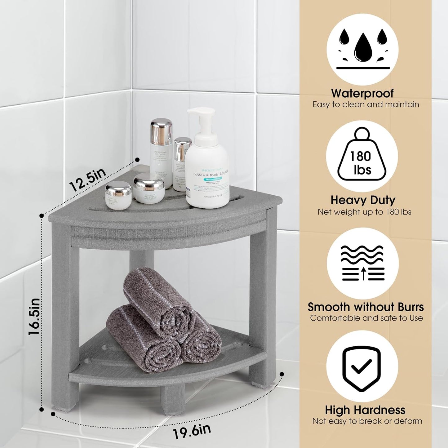 HDPE Corner Shower Stool,Shower Bench Seat with Storage Shelf for Shaving Legs Plastic Spa Bath Step Foot Rest for Bathroom Small Place (Grey)