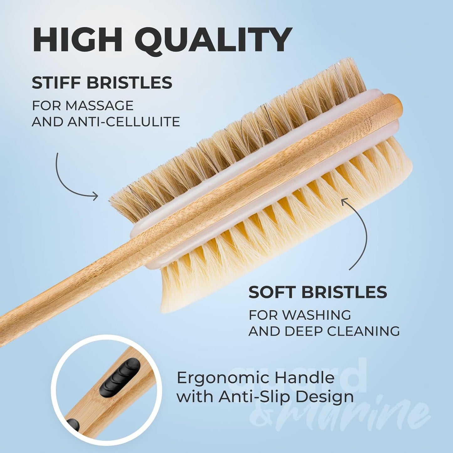GUARD&MARINE Back Brush for Shower & Bath with Long Handle - Wooden Back Washer for Men & Women, Double-Sided Back & Body Scrubber & Scratcher, Perfect for Dry Massage & Showering for Adults & Seniors