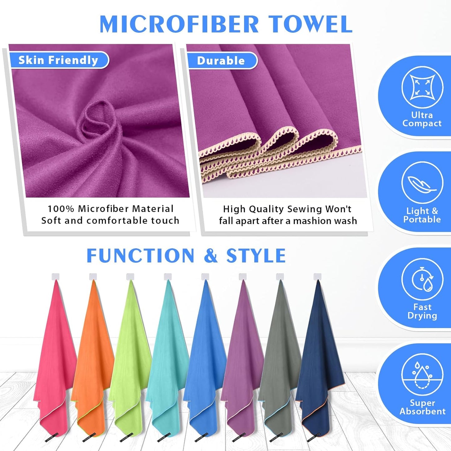 HOEAAS 2 Pack Microfiber Camping Towels, Quick Dry Towel, Super Absorbent Ultra Compact Travel Towel Soft Lightweight Sports Towel for Sweat Fast Drying Towels for Pool,Gym,Hiking,Backpacking,Fitness