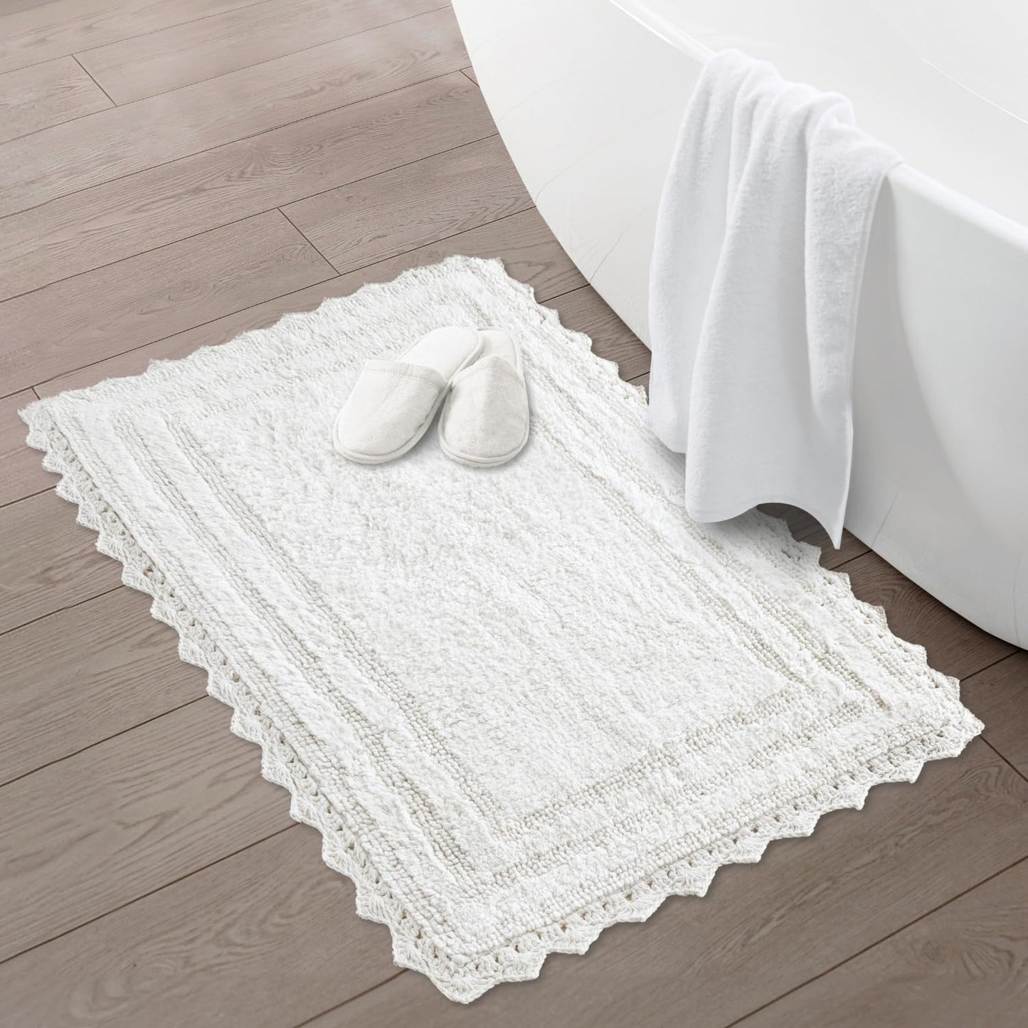 RAJRANG White Cotton Bath Rug 21x34 Inch – Reversible Soft Rectangular Mat with Crochet Border for Bathroom, Kitchen, Entry – Machine Washable & Absorbent